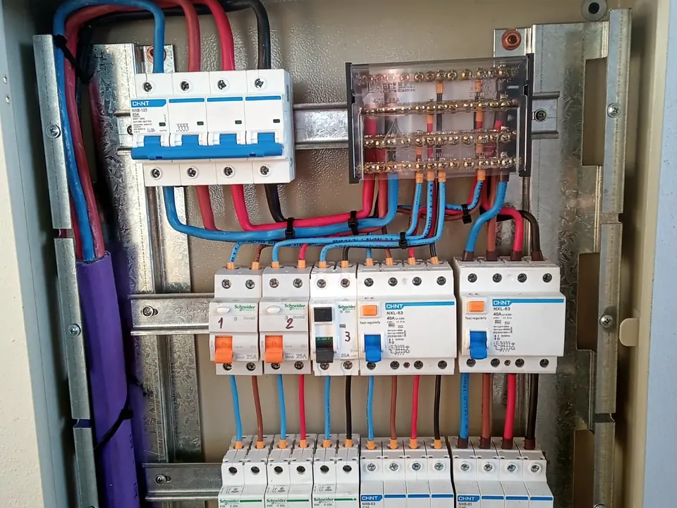 Tablero eléctrico con cableado prolijo y protecciones diferenciadas por color